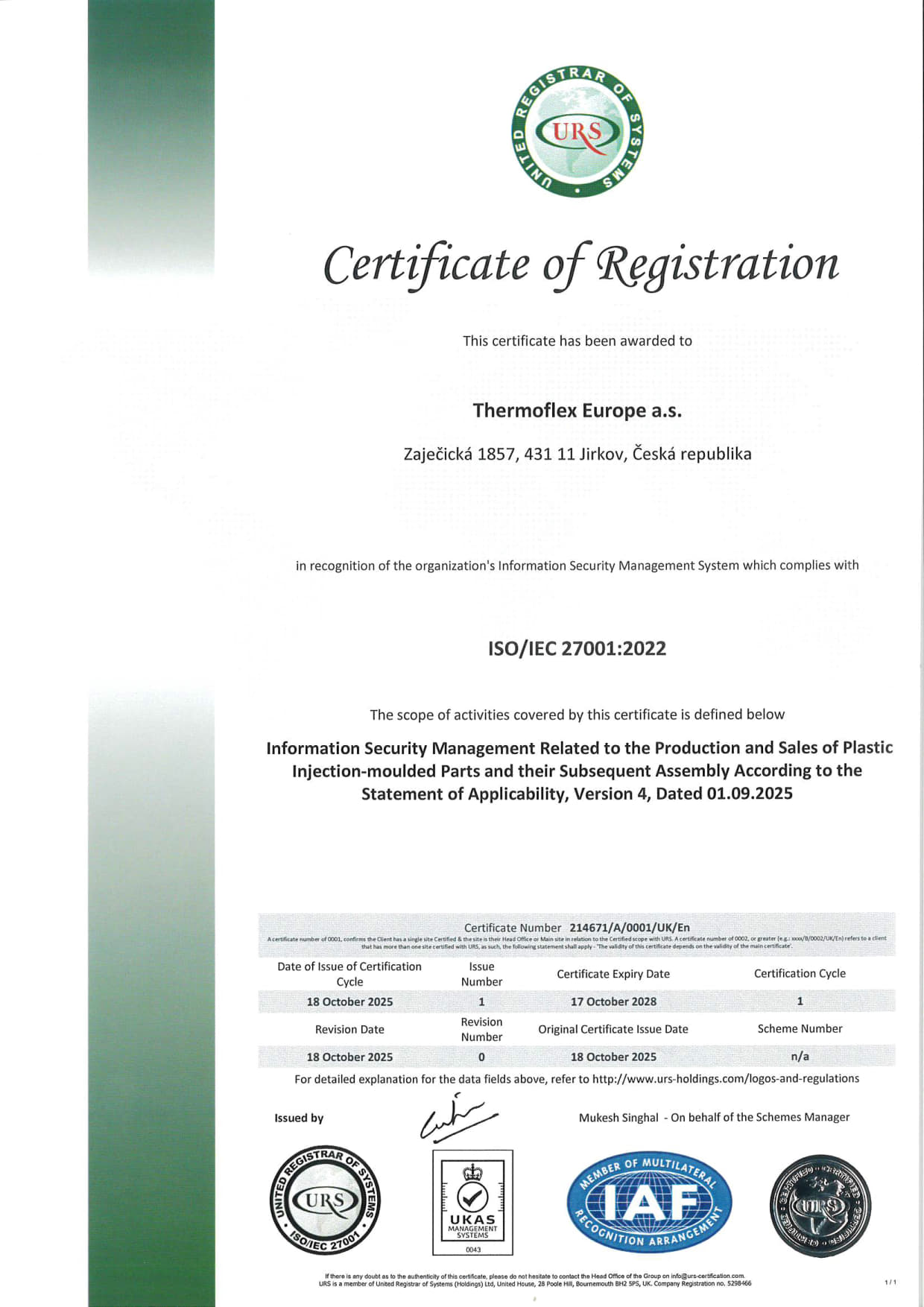 Thermoflex Europe a.s. - Jirkov - cert ISO 27001_2022 ENG - issue 1_1