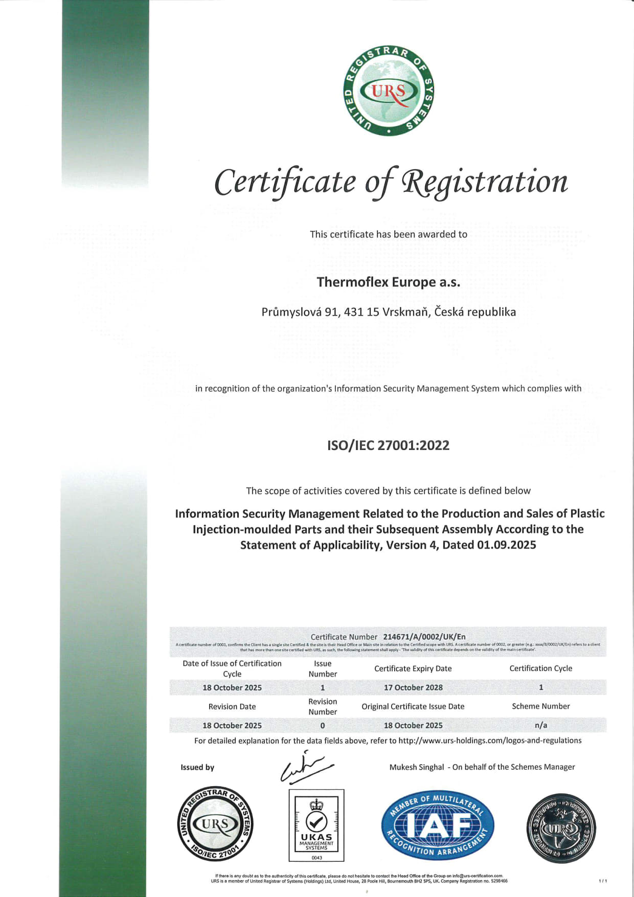 Thermoflex Europe a.s. - Vrskmaň - cert ISO 27001_2022 ENG - issue 1_1
